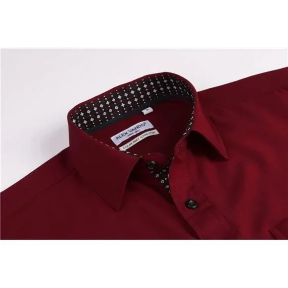 Mens Dress Shirt Wrinkle Free Regular Fit 4-Way Stretch Burgundy Shirts